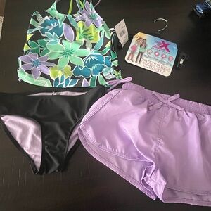 ZeroXposur Youth Girls Swim Set - Tankini 3pc shorts purple Green 10/12 New